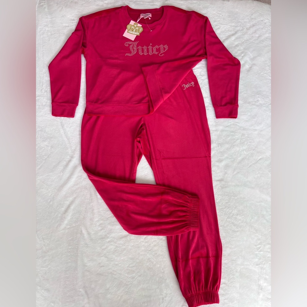 JUICY COUTURE Coco Red Diamanté Velour Tracksuit Top and Jogger Set--NWT--L - Picture 6 of 15